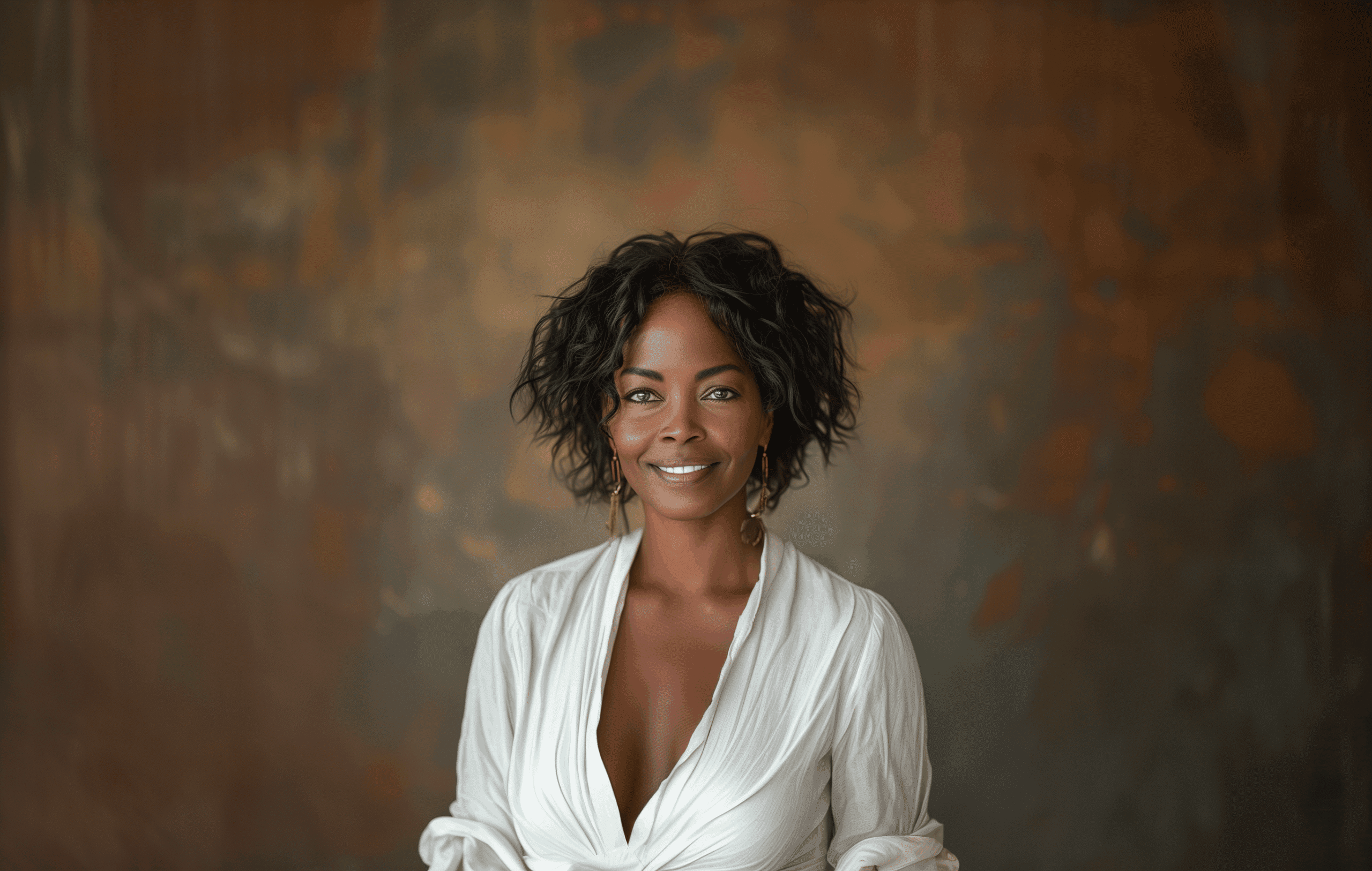 A woman with curly black hair and a radiant smile is wearing a deep V-neck white blouse. The background is an abstract blend of warm earthy tones, giving a soft and artistic feel to the image.
