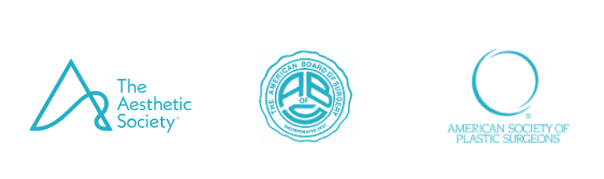 An image containing three logos. The first logo on the left is The Aesthetic Society, with a stylized "A" incorporated into a triangular shape and the text "The Aesthetic Society" beside it. The second logo in the center is for The American Board of Surgery, featuring a circular emblem with text and design elements within it. The third logo on the right is for the American Society of Plastic Surgeons, composed of a stylized circular emblem and the text "American Society of Plastic Surge