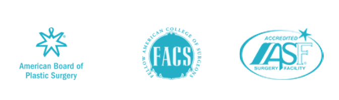 An image displaying three logos. The first logo is from the American Board of Plastic Surgery, featuring a blue star-like symbol with the text "American Board of Plastic Surgery" below it. The second logo is from the American College of Surgeons, featuring a circular blue emblem with "FACS" in the center and the text "Fellow American College of Surgeons" around the circumference. The third logo is from an Accredited ASF Surgery Facility, featuring an oval shape with the text "Accredited