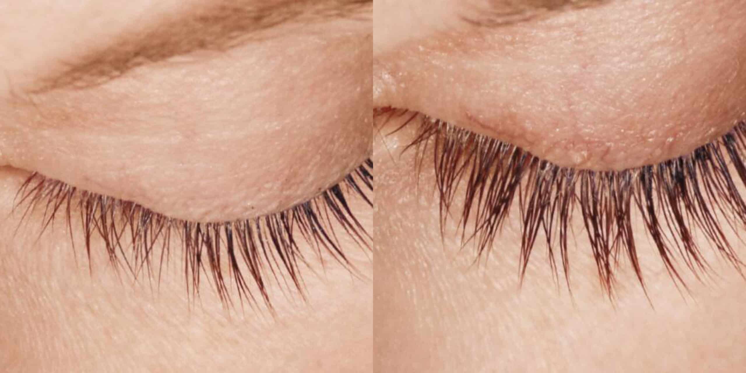 Close-up of an individual's closed eye, showing eyelashes before and after using a cosmetic product. The left side displays shorter, sparse eyelashes, while the right side showcases longer, fuller lashes. The skin texture around the eye appears consistent in both images.