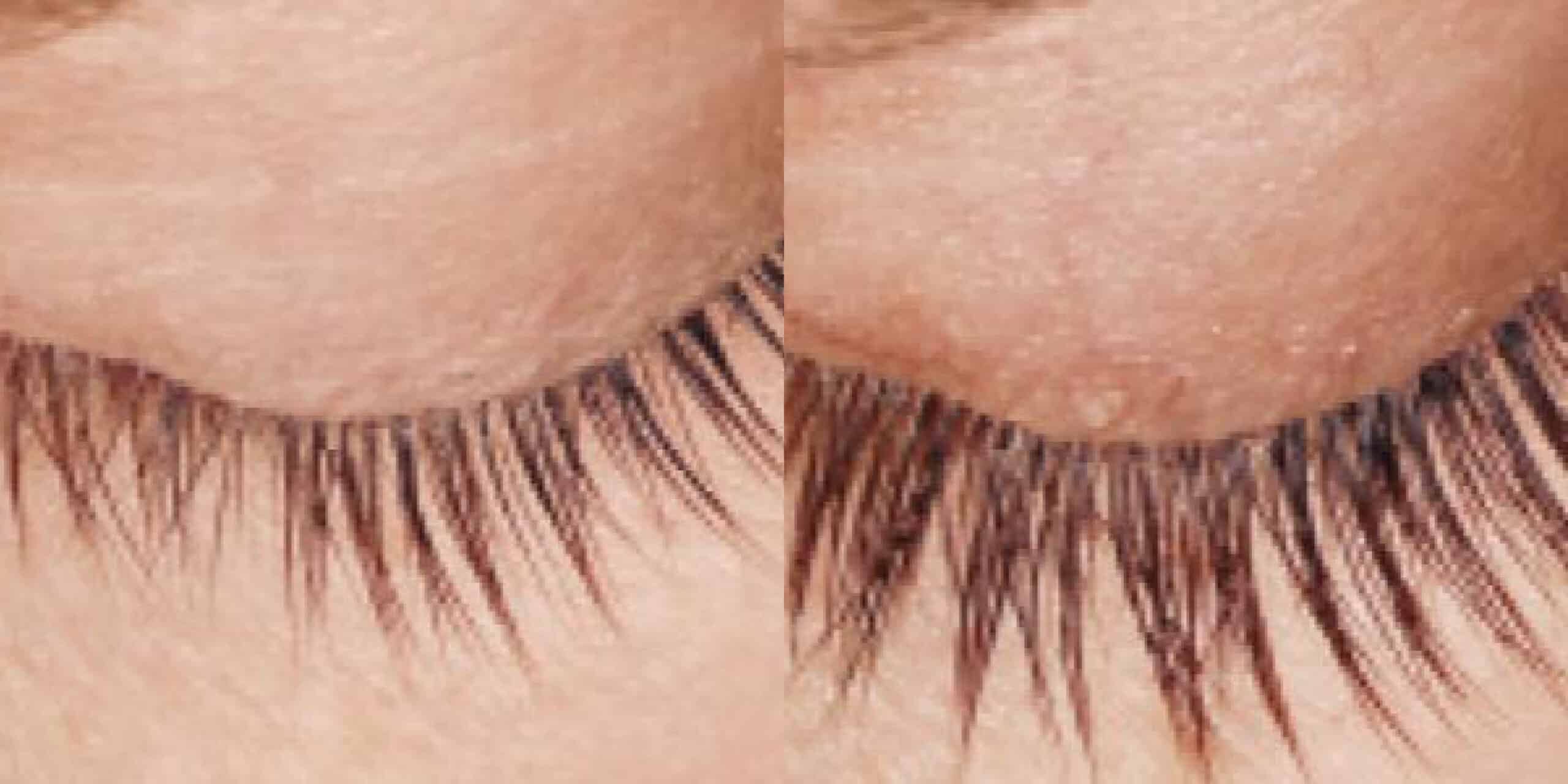 Close-up image showing a comparison of two sets of eyelashes. The left side shows shorter, sparse eyelashes, while the right side features longer and more voluminous eyelashes, indicating a before-and-after effect. The background shows the skin texture around the eyelashes.