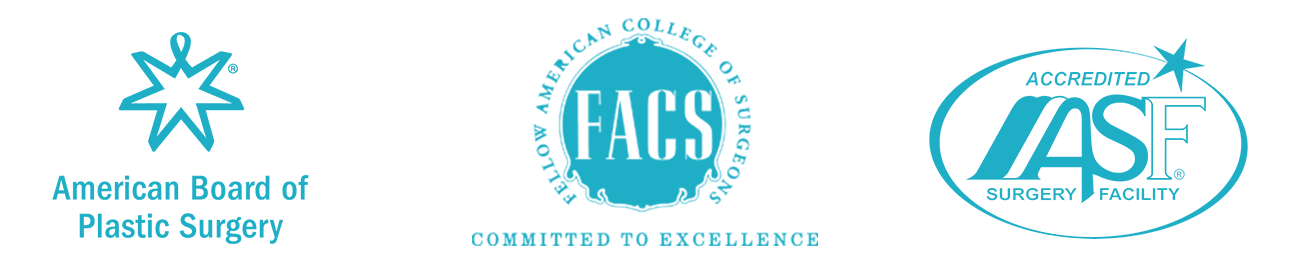 Image displaying three logos. From left to right: The first logo has text below it reading "American Board of Plastic Surgery". The second logo features the acronym "FACS" with the surrounding text "Fellow American College of Surgeons" and the slogan "COMMITTED TO EXCELLENCE". The third logo reads "Accredited ASF Surgery Facility."
