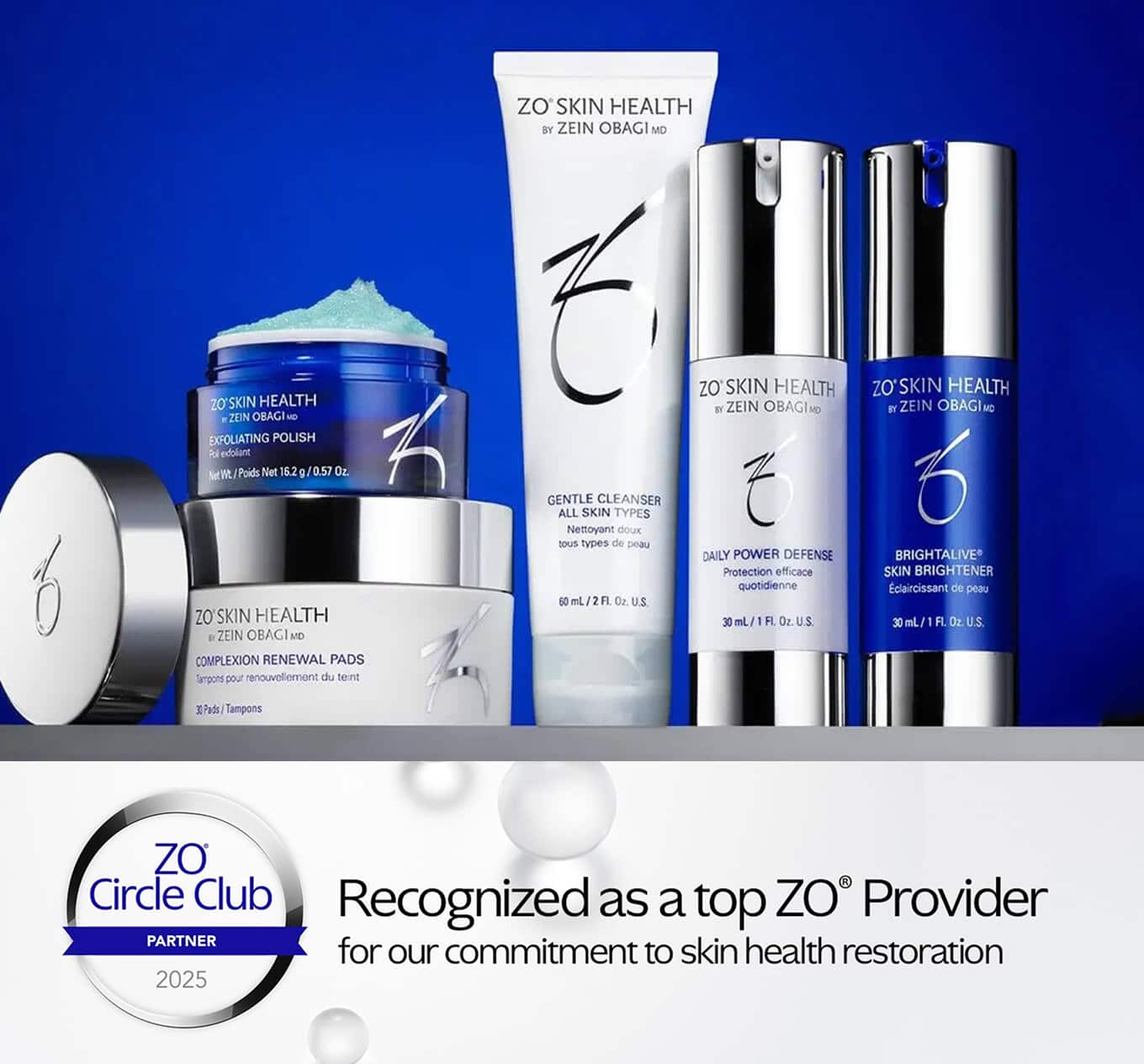 Zo Skin Health products on display with badge for top ZO Provider